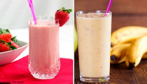 Five Breakfast Shakes with Strawberries and Bananas