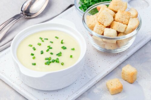 A bowl of creamy soup.