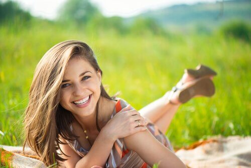 happy woman laying