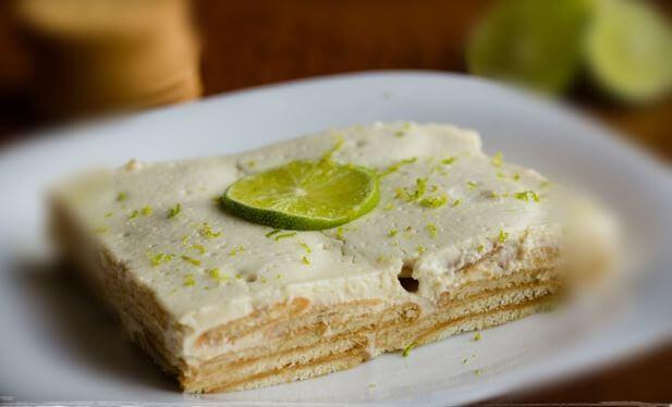 Lemon charlotte topped with limes.