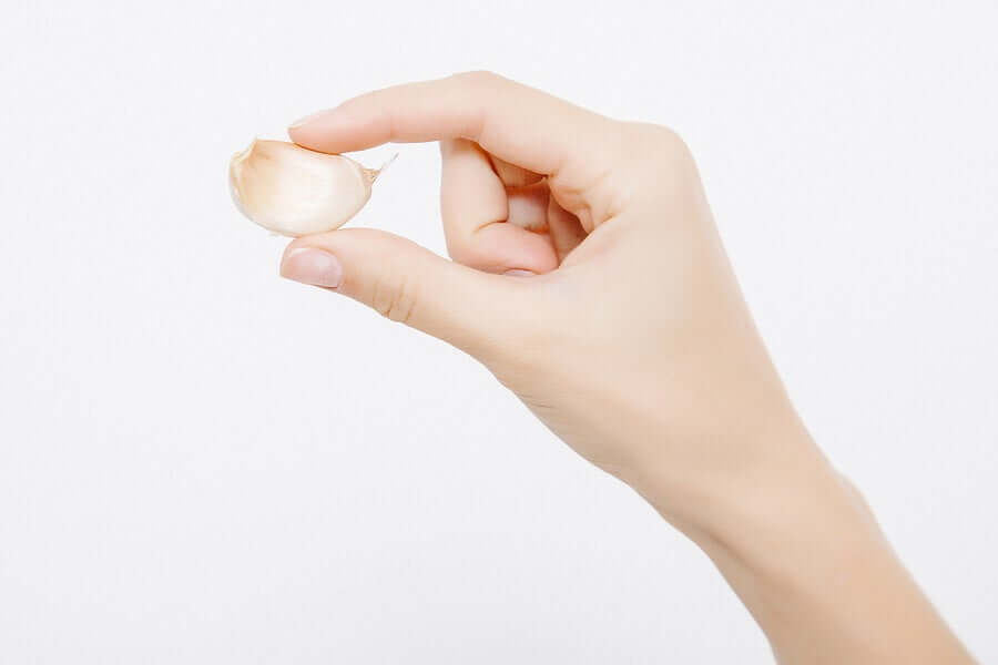 A woman's hand holding a clove of garlic.
