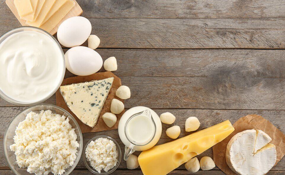 Dairy: cheese, eggs, and yogurt.
