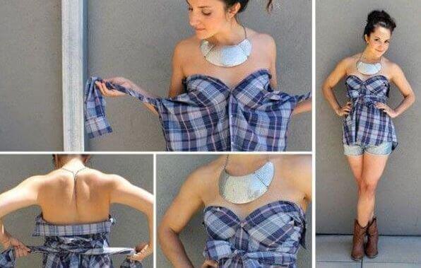 A woman showing how to reuse old clothes.