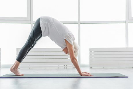 Down dog pose in yoga.