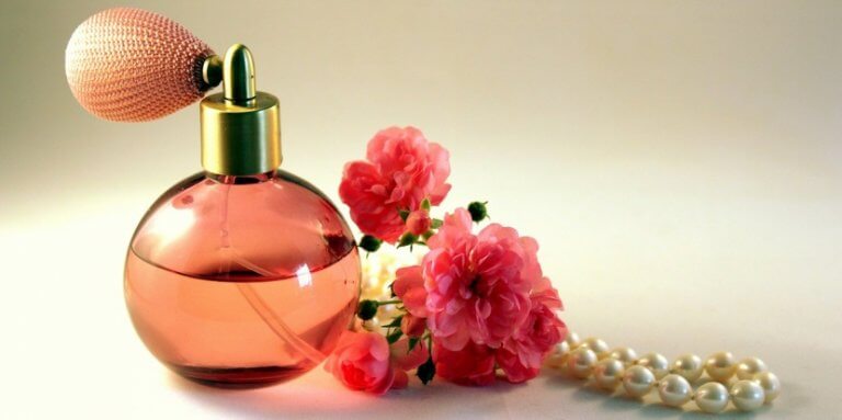 Pink perfume and flowers.
