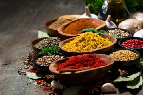 Some different spices in bowls.
