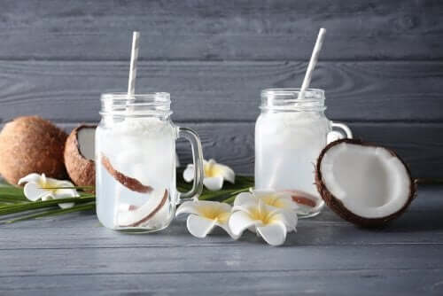 A couple glasses of coconut water.