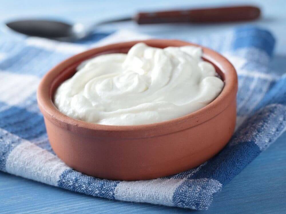 A small clay bowl of whole milk yogurt