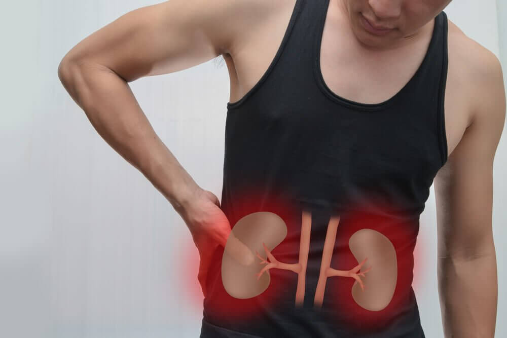 A man clutching his kidney with a diagram superimposed over the top