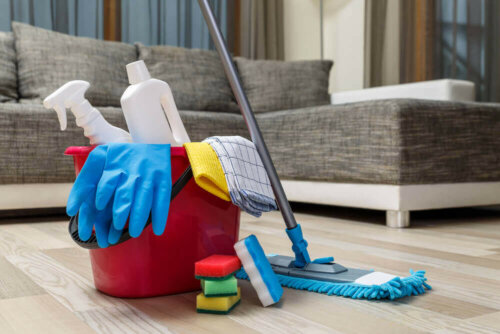 Some cleaning supplies in a living room.