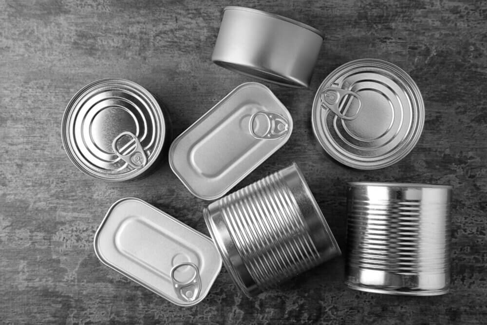A collection of recycled tin cans