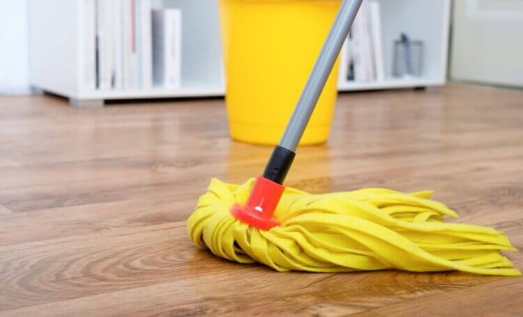 A mop on a wooden floor.
