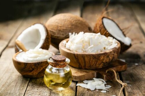 Some coconut products on a wooden table.