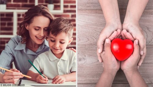 mother and son writing together