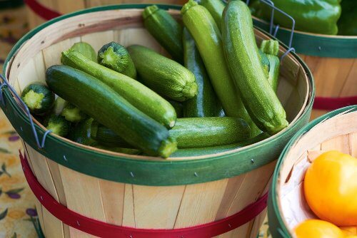 A bucket of courgettes to make a courgette and tomato gratin