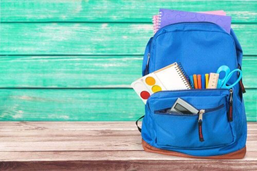 A child's blue backpack.