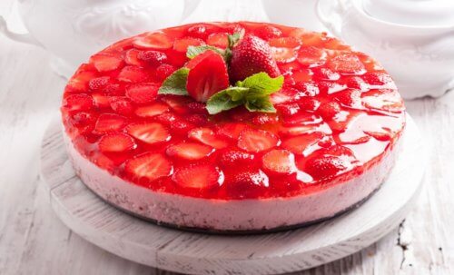 A strawberry cake with a garnish.