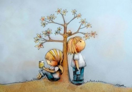 The Doman Method: A drawing of two kids leaning on a tree.