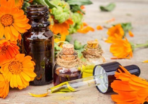 Sprained ankle: A display of arnica flowers and oil.