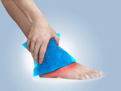 A person applying an ice compress to it's foot.