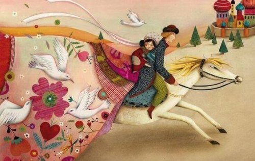Illustration of couple fairytale riding away together on a horse good luck charms