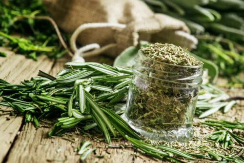 rosemary ground in a glass jar with other whole rosemary around it