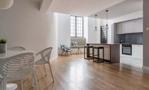 A room with shiny floors.