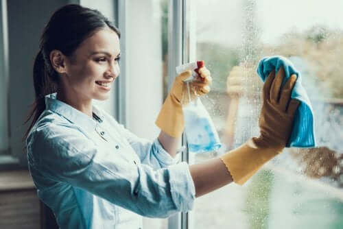 A woman cleaning her windows,