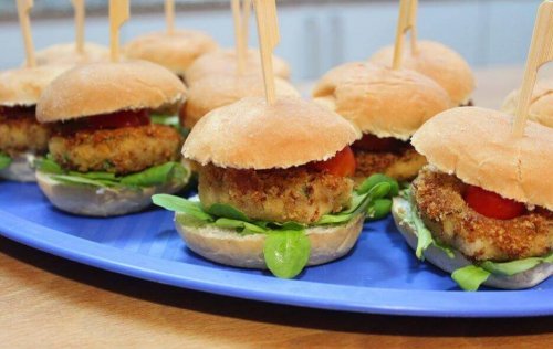 Vegan burgers on a platter.