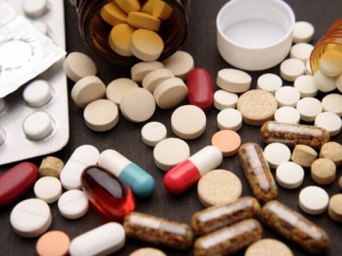 An array of pills and capsules.