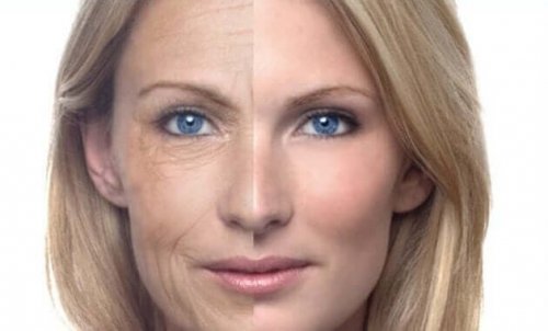 A woman's face with and without wrinkles.