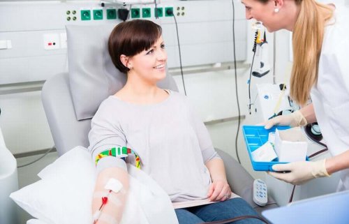 A woman receiving blood.