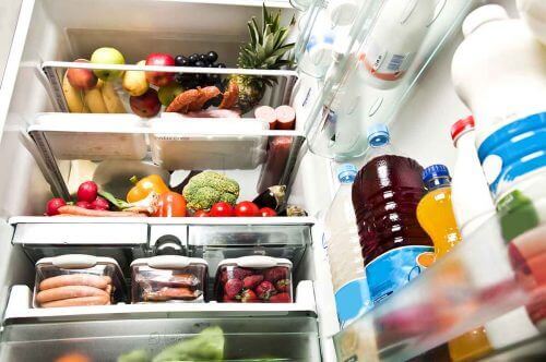 The inside of a fridge.