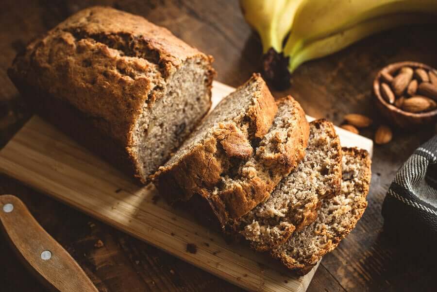 A healthy banana loaf with oat flour and almonds.