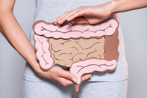 A woman holding cardboard intestines.