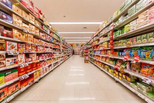 An aisle in a supermarket.