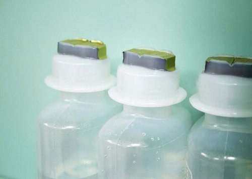 A few saline solution containers.