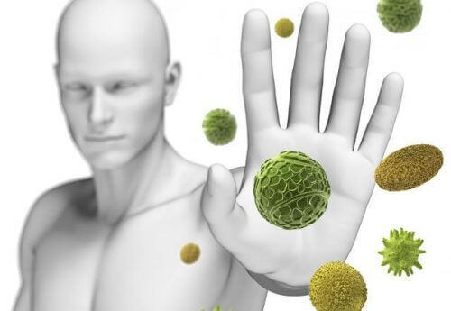 Person pushing away images of germs.