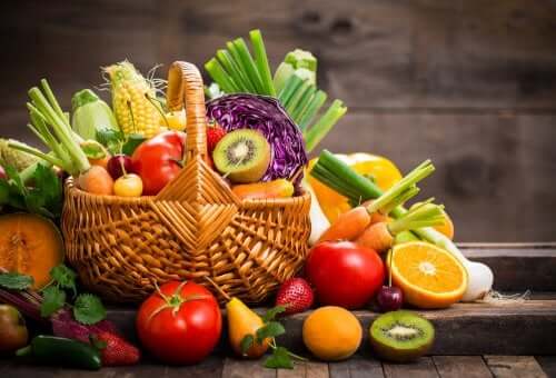 Fresh fruits and vegetables in a basket.