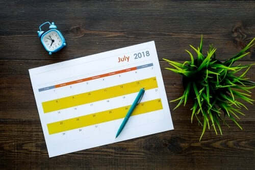 A calendar on a table.