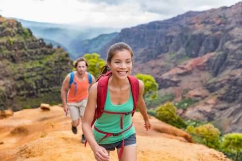 A couple hiking together.