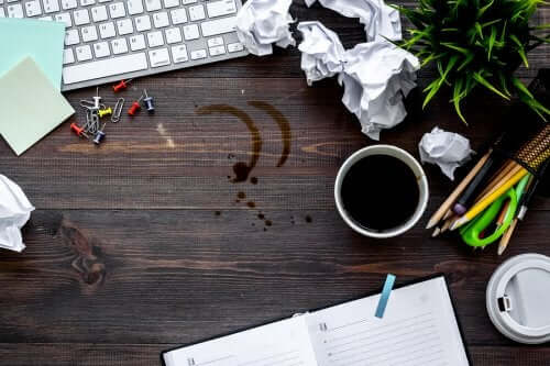 A messy desk.