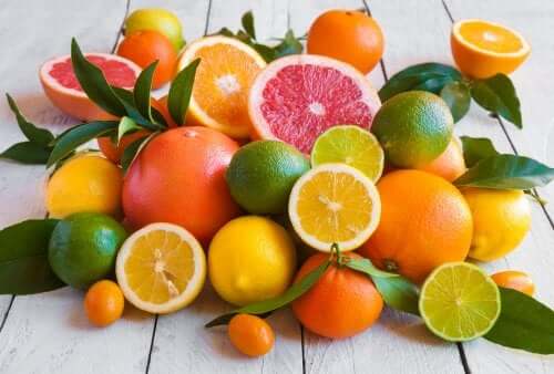 Several different citrus fruits.