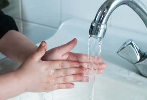Washing hands.
