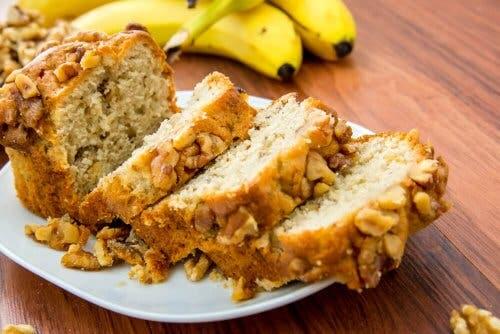 Almond banana bread on a plate.