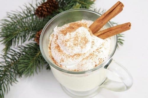 A cup of delicious homemade eggnog with whipped cream and cinnamon on top.