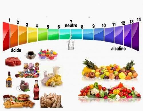 A scale of foods based on their pH, to the right are alkaline foods for the alkaline diet.