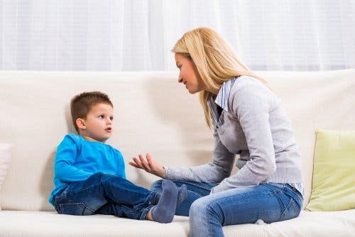 Mom talking to her son.