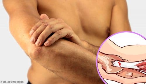 Man holding elbow, graphic showing strain on joint from tennis elbow.