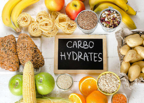 Different sources of carbohydrates around a sign that says "carbohydrates". Digestable thanks to digestive enzymes.